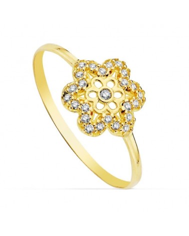Anillo oro 18k amarillo flor circonitas 9mm