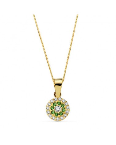 Gargantilla oro 18k colgante redondo piedras verdes 45cm