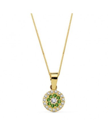 Gargantilla oro 18k colgante redondo piedras verdes 45cm