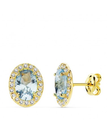 Pendientes oro 18k circonita piedra azul oval 10x8mm