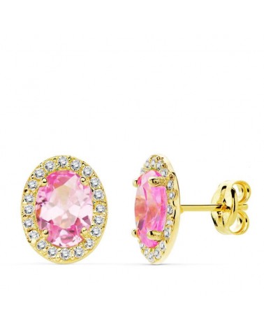 Pendientes oro 18k piedra rosa oval circonita 10x8mm