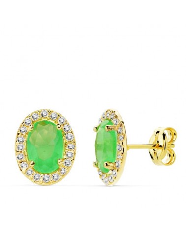 Pendientes oro 18k piedra verde oval circonita cierre presión