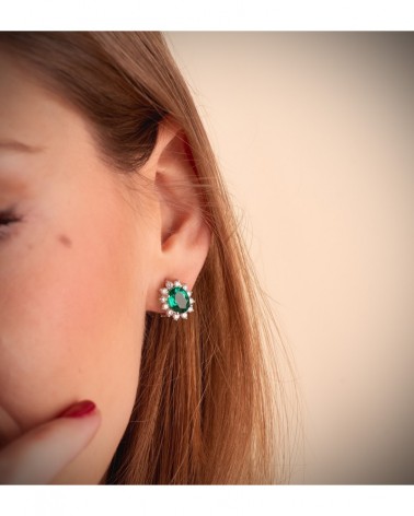 Pendientes oro blanco 18k esmeralda recristalizada diamante