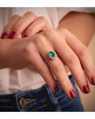 Sortija oro blanco 18k esmeralda recristalizada diamantes