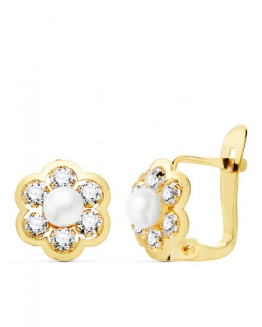 Pendientes oro 18k flor perla circonita cierre catalán 8mm