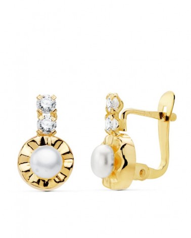 Pendientes oro 18k niña perla circonita cierre catalán