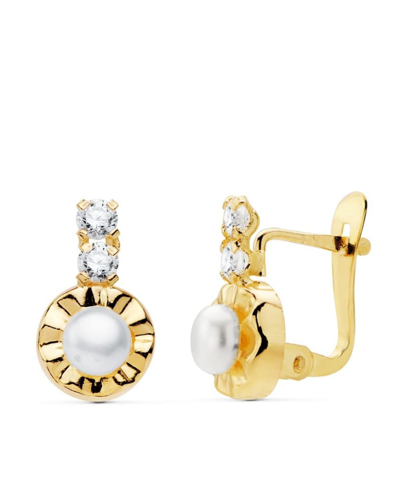 Pendientes oro 18k niña perla circonita cierre catalán