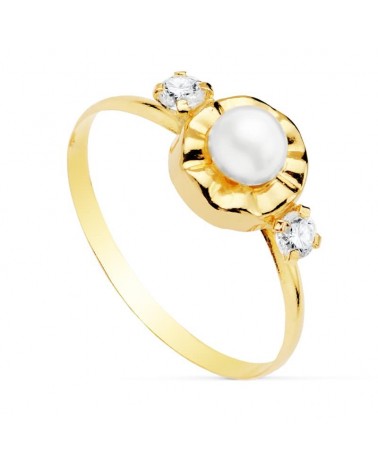 Sortija oro 18k perla circonitas comunión niño 4mm