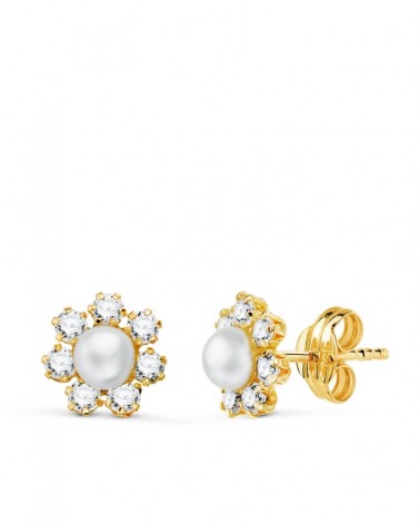 Pendientes oro 18k perla circonita flor 9x9mm