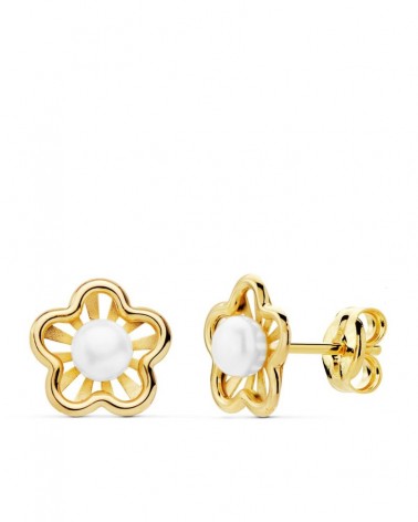 Pendientes oro 18k flor perlas cierre presión 3mm