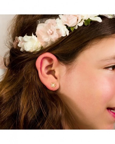 Pendientes oro 18k flor perlas cierre presión 3mm