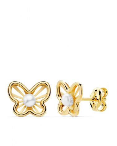 Pendientes oro 18k mariposas perla cierre presión 9x7 mm
