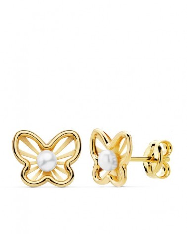 Pendientes oro 18k mariposas perla cierre presión 9x7 mm