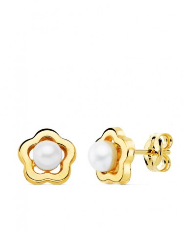 Pendientes oro 18k flor perlas cierre presión 8mm