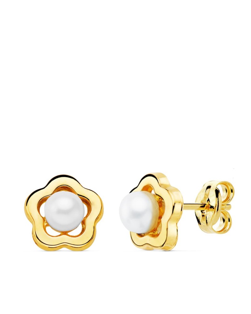 Pendientes oro 18k flor perlas cierre presión 8mm