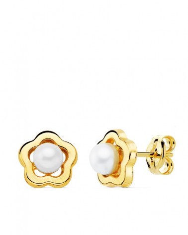Pendientes oro 18k flor perlas cierre presión 8mm