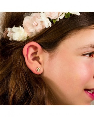 Pendientes oro 18k flor circonita 8x8 mm presión