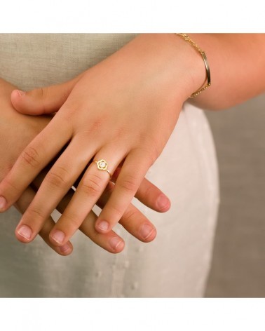 Anillo oro 18k flor turquesa comunión 8x8 mm