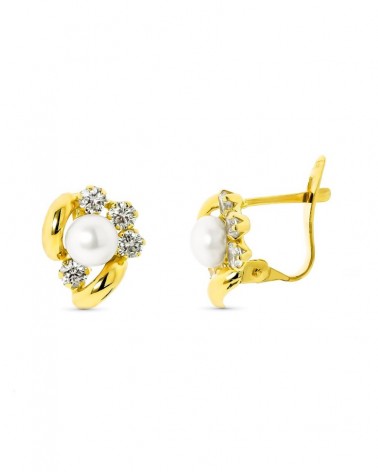 Pendientes oro 18k perla y circonita cierre catalán 5mm