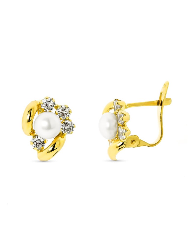 Pendientes oro 18k perla y circonita cierre catalán 5mm