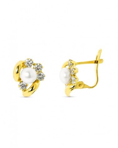 Pendientes oro 18k perla y circonita cierre catalán 5mm