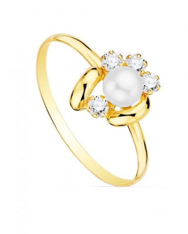 Sortija oro 18k comunión flor perla circonitas