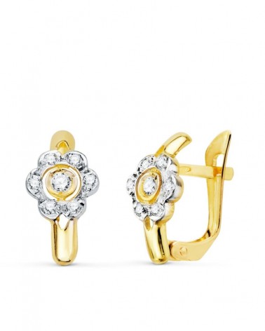 Pendientes oro 18k bicolor flor circonita cierre catalán