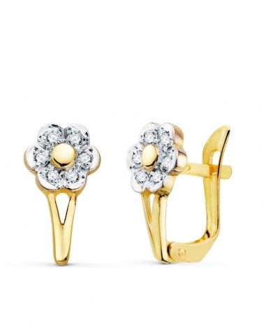 Pendientes oro 18k bicolor flor circonita cierre catalán