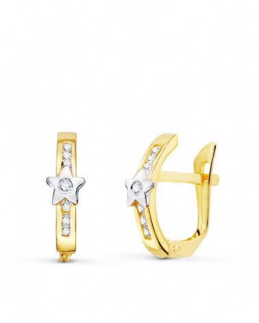 Pendientes oro 18k bicolor estrella circonita cierre catalán