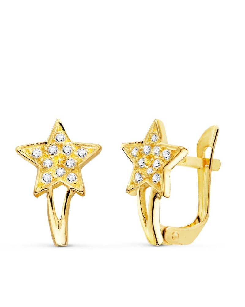 Pendientes oro 18k estrellas circonita cierre catalán 12x8mm