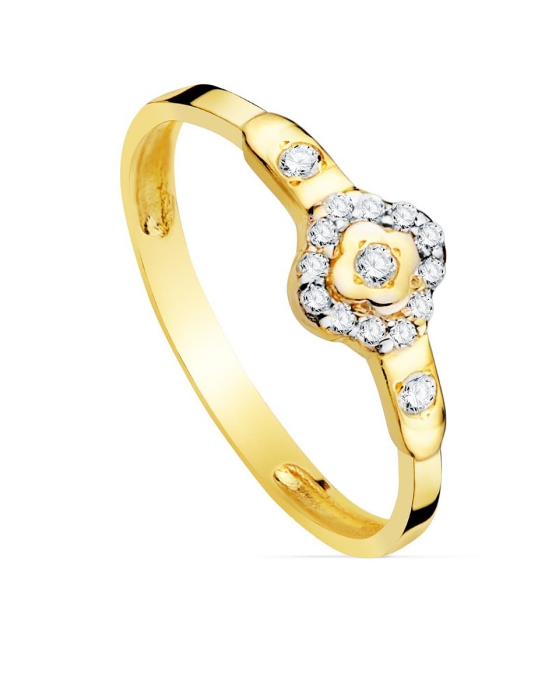 Sortija oro 18k bicolor flor circonita niño 6x6 mm