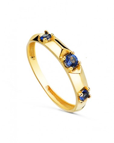 Sortija oro 18k amarillo tres piedras azul 3mm