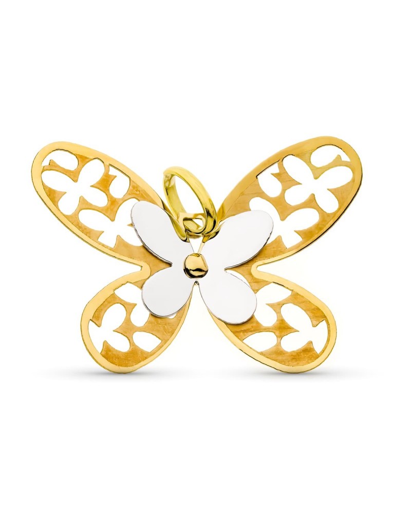 Colgante oro 18k bicolor mariposa mate y brillo