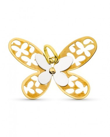 Colgante oro 18k bicolor mariposa mate y brillo