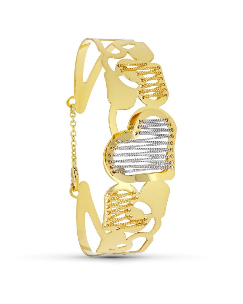 Pulsera oro 18k bicolor rígida corazón cadenas
