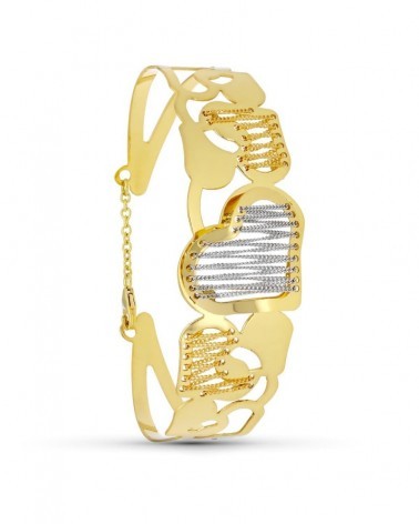 Pulsera oro 18k bicolor rígida corazón cadenas