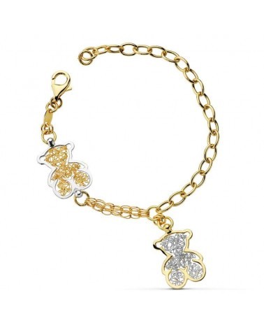 Pulsera oro 18k bicolor osos cadena eslabones 19cm