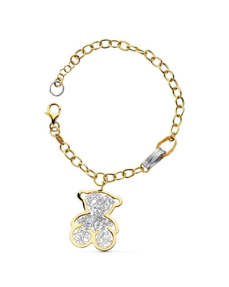 Pulsera oro 18k bicolor osito colgante 21,5 cm
