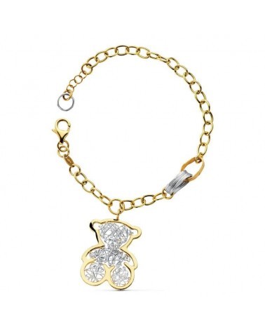 Pulsera oro 18k bicolor osito colgante 21,5 cm