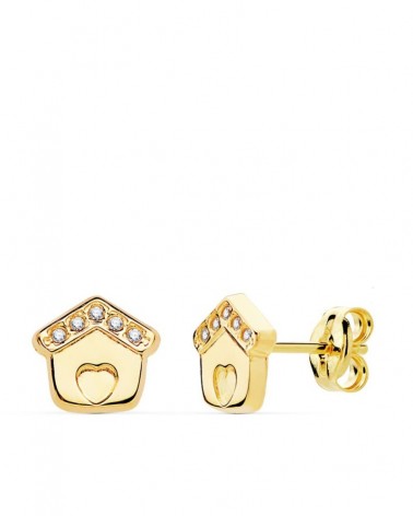 Pendientes oro 18k casitas corazón circonita 7x7mm