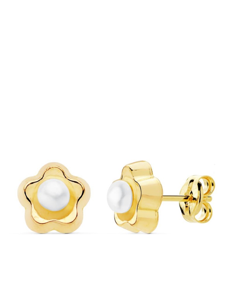 Pendientes oro 18k flor perla 8x8mm cierre presión