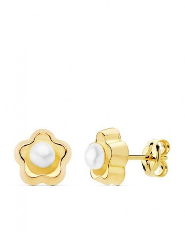 Pendientes oro 18k flor perla 8x8mm cierre presión