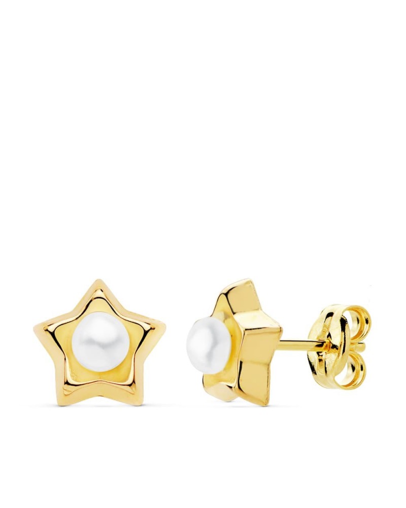 Pendientes oro 18k estrella perla 8x8 mm