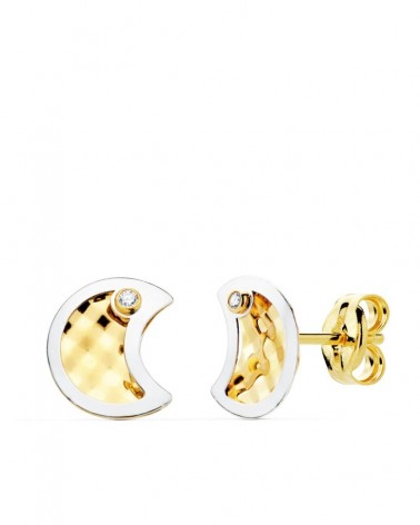 Pendientes oro 18k bicolor luna circonita 8x6,5 mm