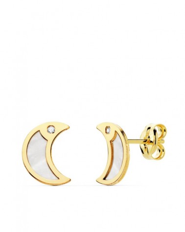 Pendientes oro 18k luna nácar circonita 8x6 mm