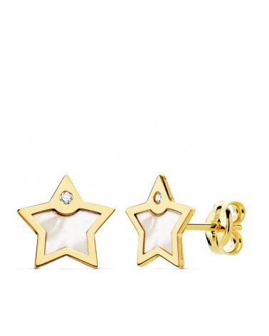 Pendientes oro 18k estrella nácar circonita 8x8mm