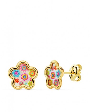 Pendientes oro 18k flor nácar multicolor 8mm cierre presión