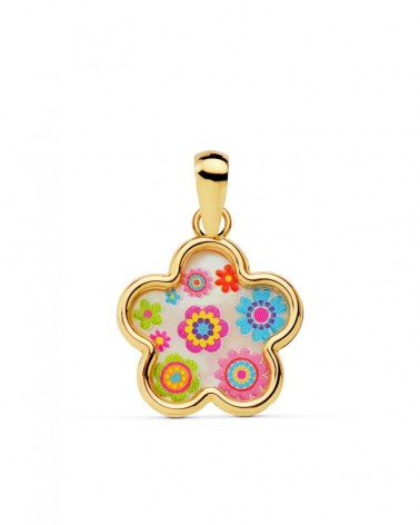 Colgante oro 18k flor nácar colores 13x13mm