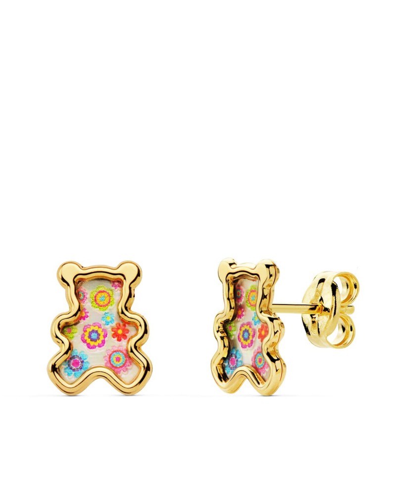 Pendientes oro 18k osito nácar colores 8x6,5 mm