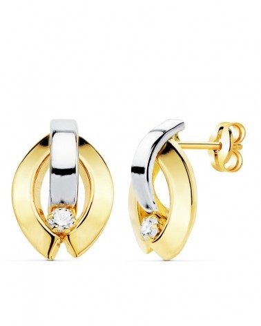 Pendientes oro 18k bicolor circonita cierre presión